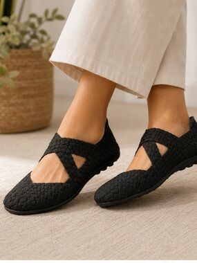 Bernie Mev Woven Mary Jane Flats Size EU 40 (US 9) Black Stretch Shoes